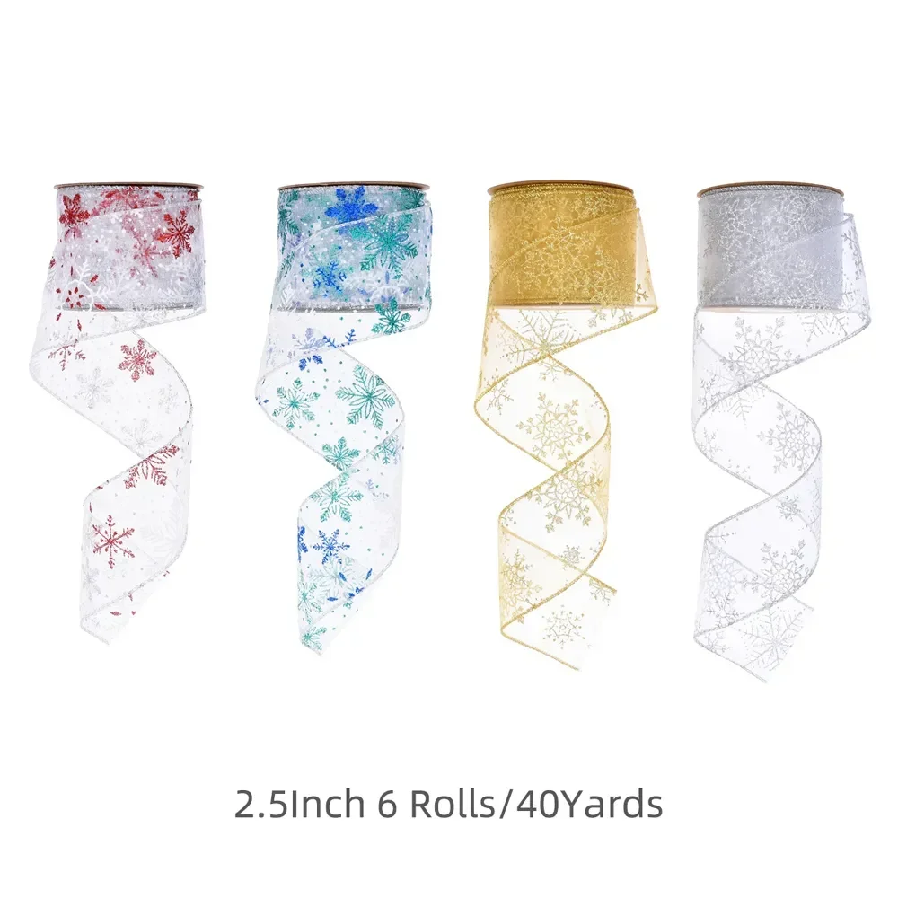 

Snowflake Ribbon Set 2.5Inch 4 Rolls/40Yards Christmas Wired Organza Ribbon for Gift Wrapping,Topper Bows,Christmas Tree Garland