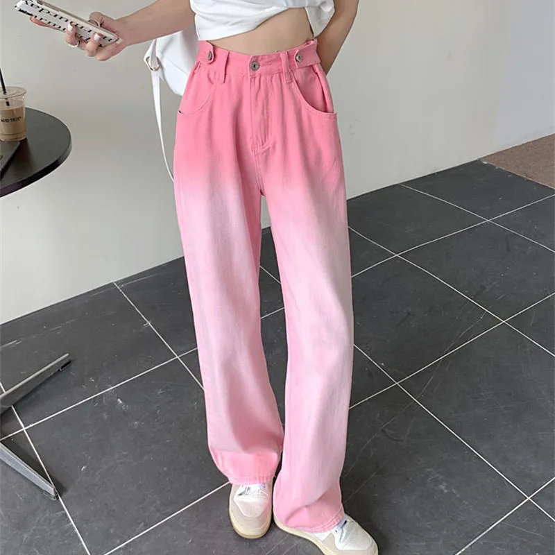 Celana Jeans Gradien Pinggang Tinggi Wanita Musim Semi Musim Panas Celana Pantalon Denim Lurus Wanita Korea Celana Koboi Kaki Lebar Wanita 2025