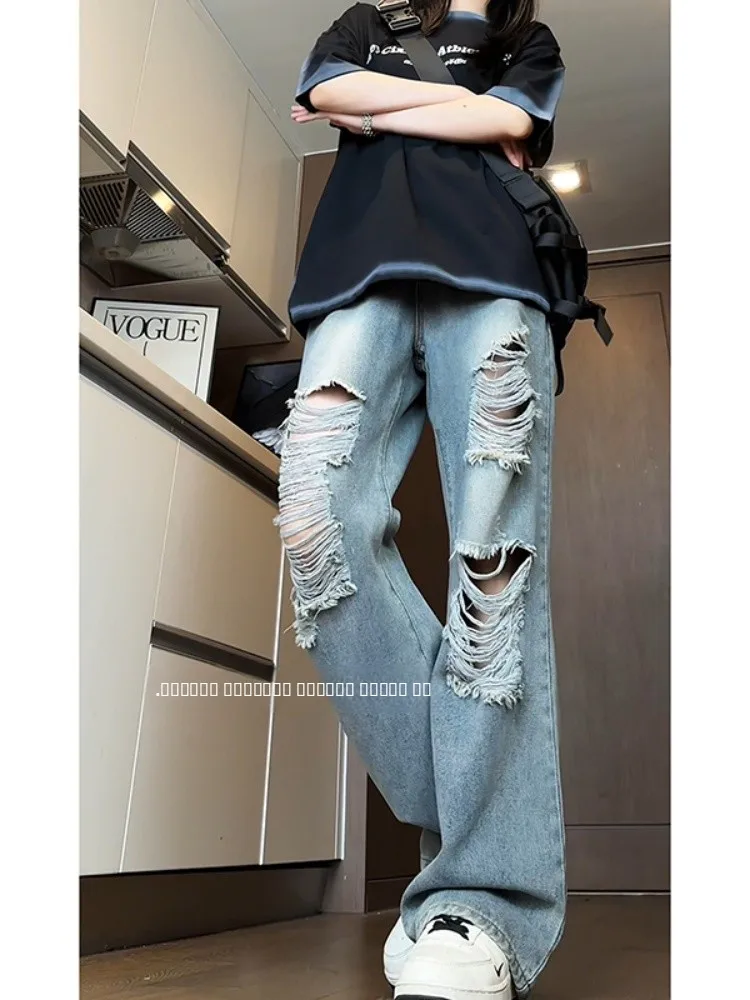 

Men's Loose Wide Leg Jeans High Street Hip Hop Torn Casual Summer Jeans mid Waist Vintage Washed Straight Tube Long Pants