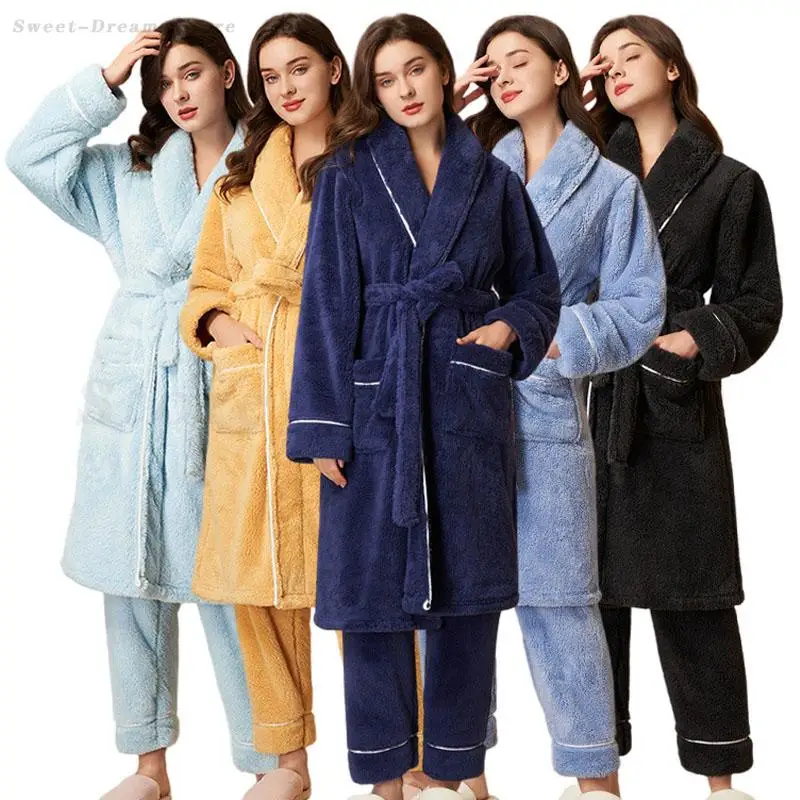 

Winter Thick Pajamas Set Women Plus Size Robe Trouser Pyjamas Suit Coral Fleece Warm Sleepwear Flannel Bathrobe Kimono Home Wear