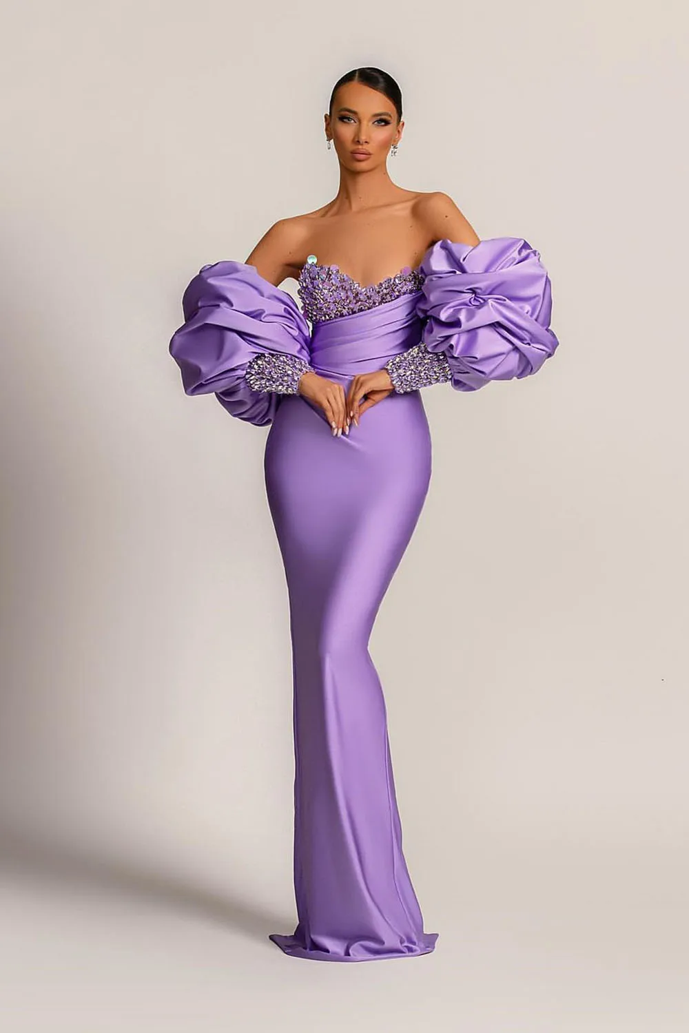 Blue Dress Shop Deluxe Evening Dress Women's Purple Long Sleeve Chiffon Beaded Floor to Floor Unique Sequin MermaidEveningDress