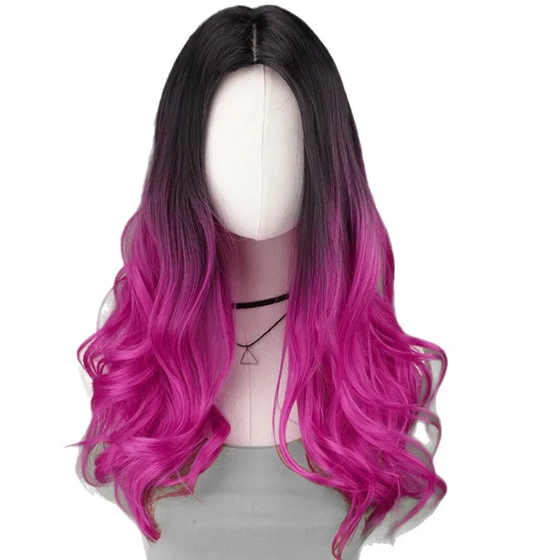 25COSCos شعر مستعار المرأة كامل القبعات الصيف تنفس شعر مستعار مريح ارتفاع درجة الحرارة الحرير التدرج الوردي الأرجواني طويل مجعد الشعر #6