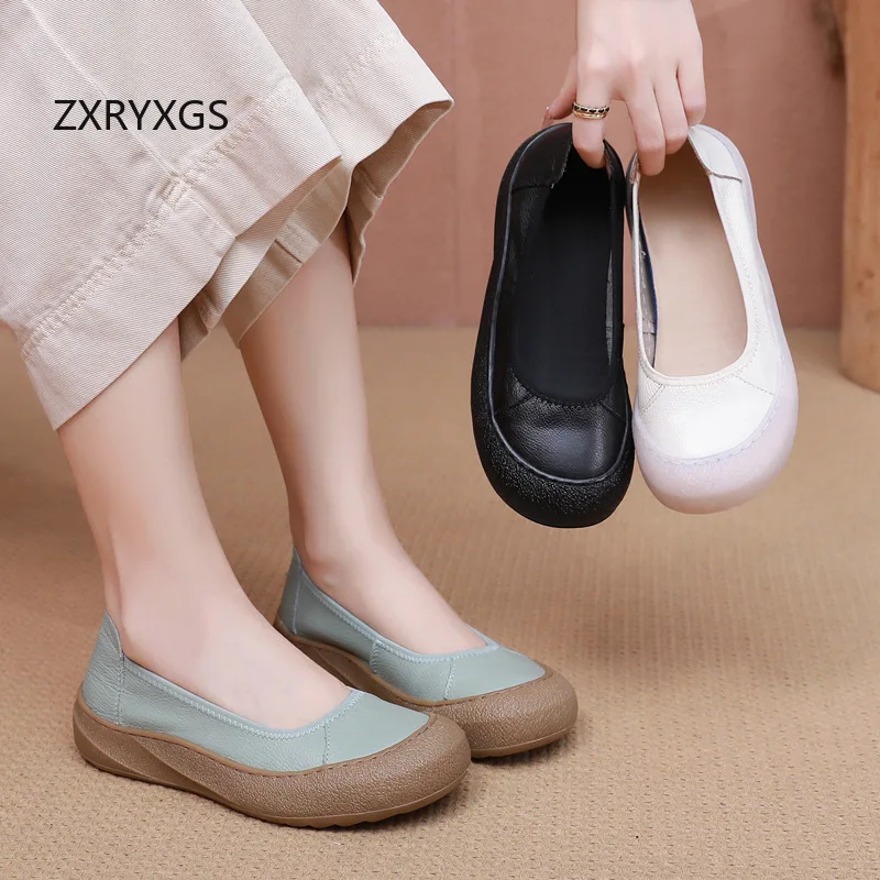 

ZXRYZGS 2026 Promotion New Genuine Leather Round Toe Women Flats Casual Shoes Comfortable Soft Sole Thick Sole Trendy Shoes