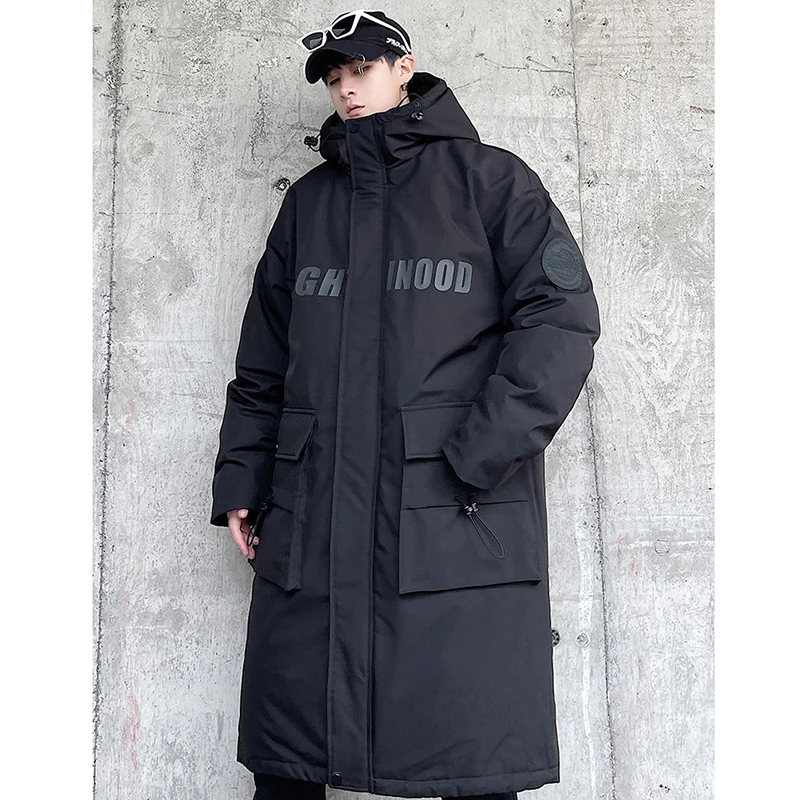 Techwear Down Cotton Jacket Men\'s Oversize Mid Length Workwear Cold Weather Clothing Winter Pockets Thick Hooded Parkas