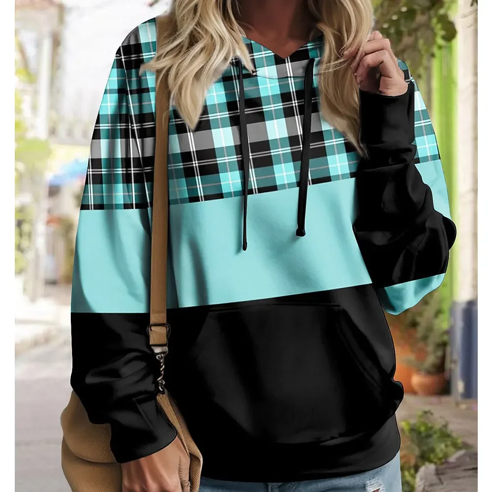 

Women Sweatshirts Pullover Retro Trendy Checkered Color Blocked Street Hoodies Long Sleeve Sweater Winter Woman Clothes 2025