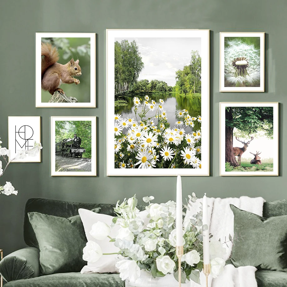 Nature Forest Lake Deer Fox Dandelion Train Flower Posters Prints Canvas Painting Wall Art Pictures For Living Room Home Decor