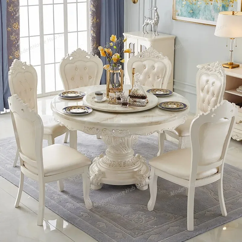 

Обеденный стол и стулья в европейском стиле, комбинация из массива дерева и круглого стола с мраморной столешницей, круглый обеденный стол для домашнего использования.