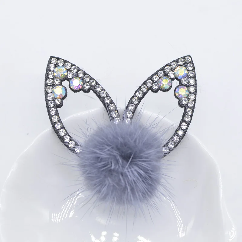 12Pcs Rhinestone Crystal Rabbit Ears with Mink Fur Ball Padded Patches Stick-on Shoes Garment Bags Hair Clips Accessories