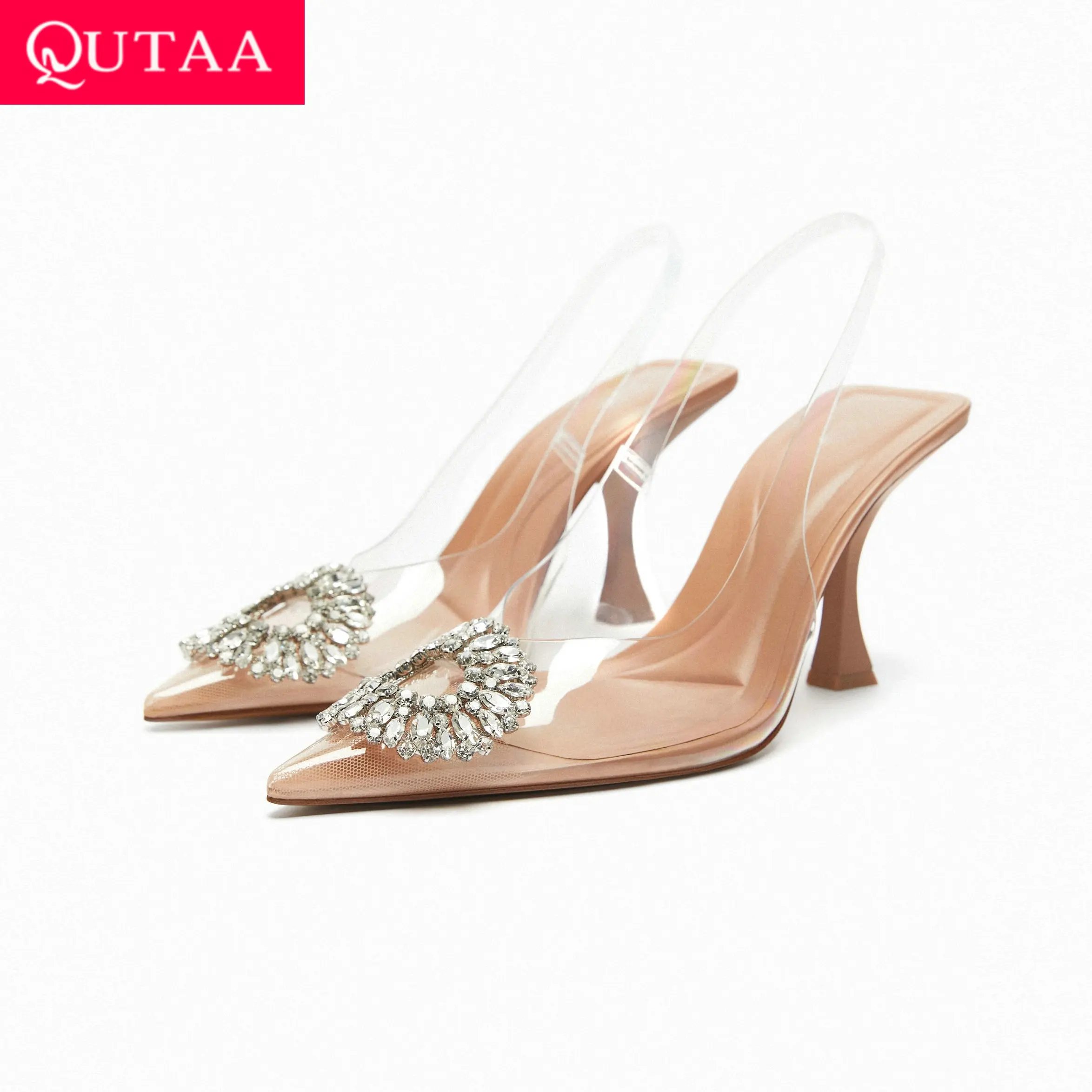 QUTAA 2023 Summer Women Sandals Pointed Toe Thin High Heels Crystal Transparent Shoes Woman Party Wedding Prom Pumps Size 35-42