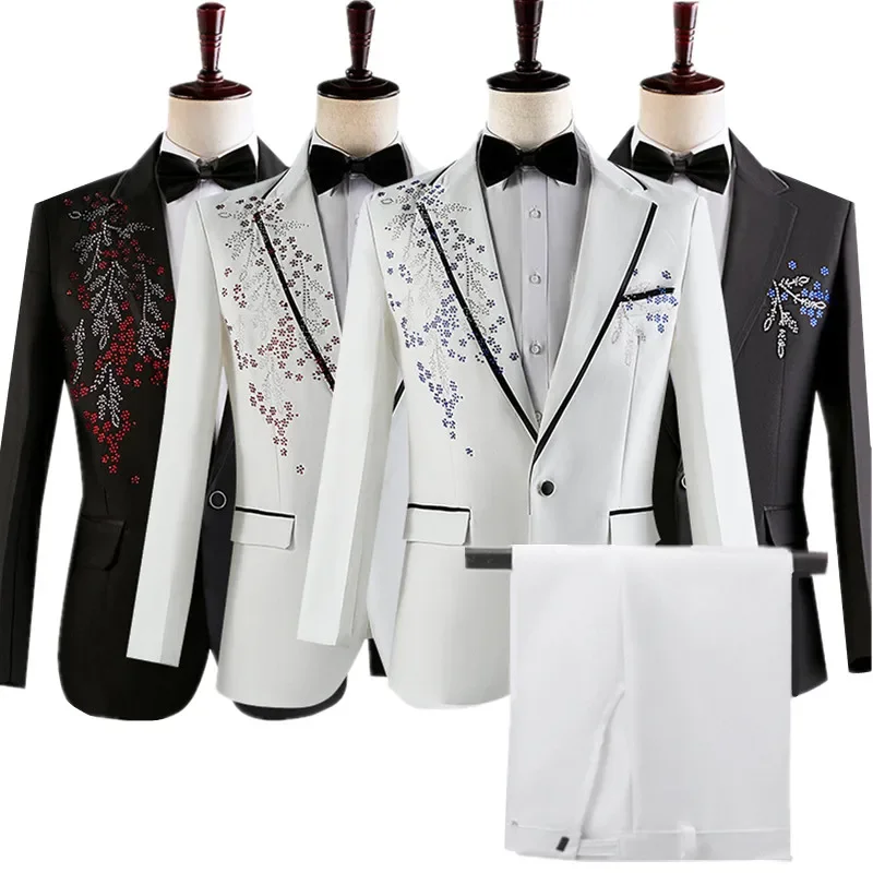 Elegant Men White Performance Suits , Ideal for Stage, Host, Singer, Dance, Prom Events ，Male Spliced Blazer and Pants with Tie