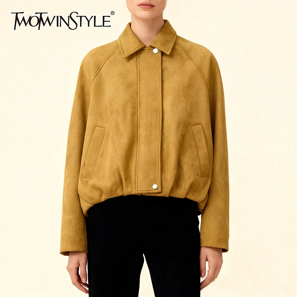 

TWOTWINSTYLE Куркума повседневное утягивающее пальто для женщин с лацканами и длинными рукавами в стиле пэчворк на пуговицах модные короткие пальто женская одежда