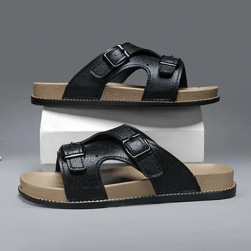 Novos chinelos para homens de alta qualidade chinelo de couro moda casual esporte slides ao ar livre não deslizamento chinelos de praia para homem flip-flops