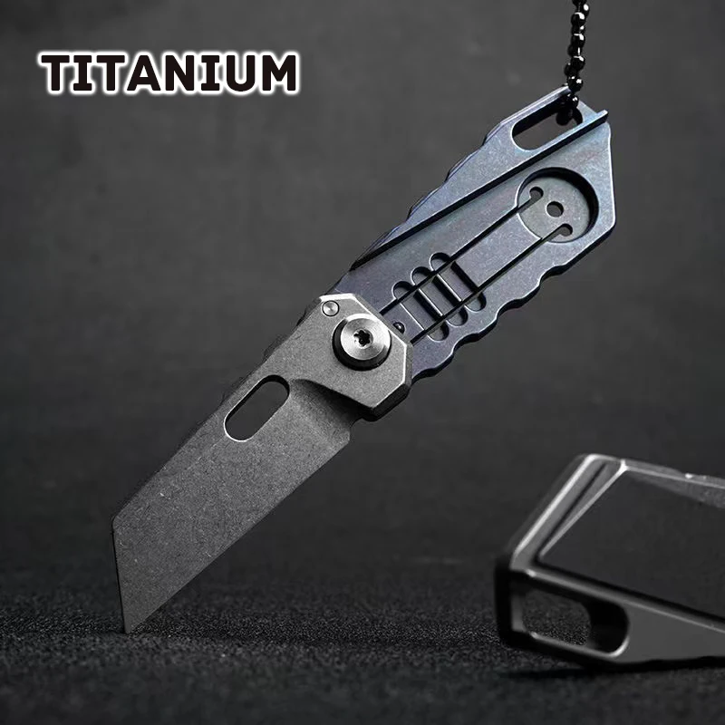 S35VN Blade Blue Titanium Alloy Folding Knife EDC Portable Utility Knife Keychain Necklace Outdoor Hunting Self-defense Tool Gif