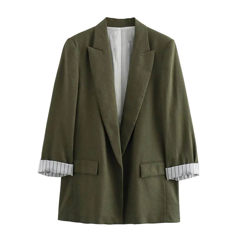 ZHUISHU Wiosna Jesień Damska lniana marynarka Casual Roll Sleeves Luźna, wszechstronna dekoracja kieszeni Płaszcz garniturowy