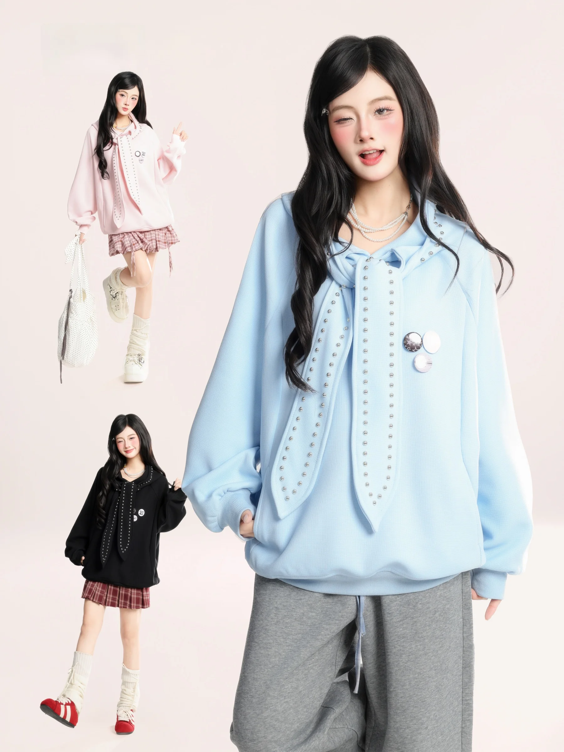 

American Retro Embroidered Rabbit Ear Hoodie Women's Loose Slimming Spring New Sle Outerwear Casual Comfortable Sweatirt