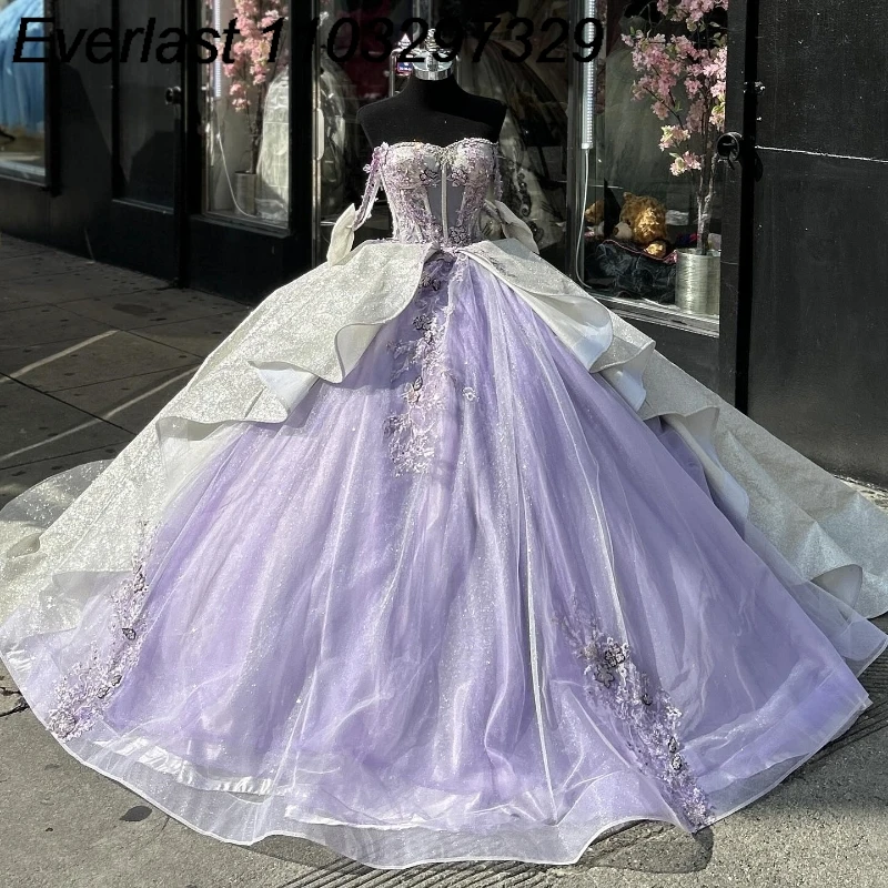 EVLAST mengkilap Lilac Lavender Quinceanera Gaun gaun bola renda Applique manik-manik bertingkat Ruffles manis 16 Vestidos De 15 aduduk TQD173