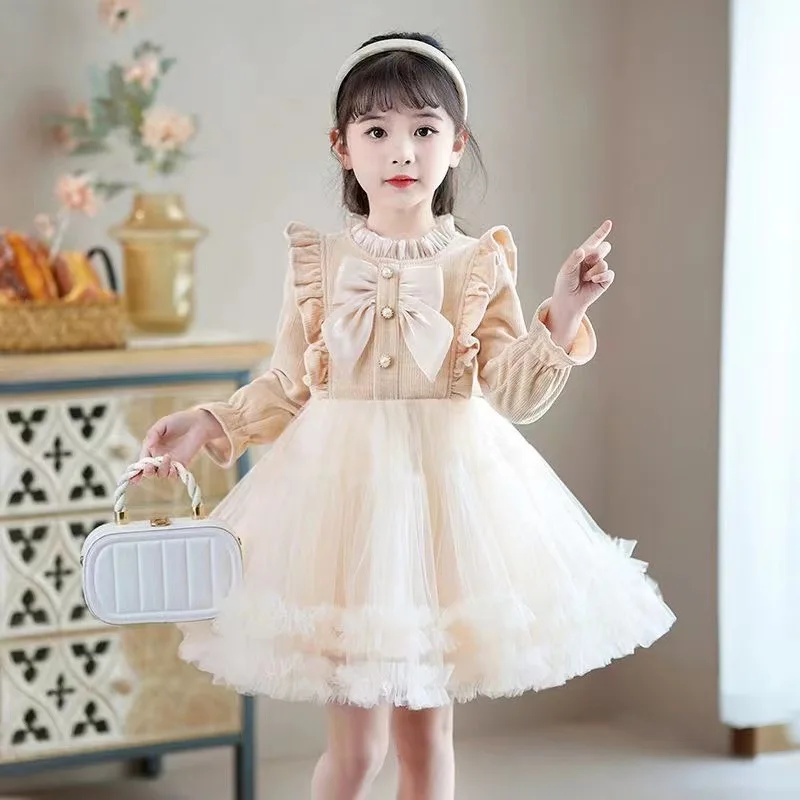 

Designed Sense Girls Long-sleeved Dress Autumn and Winter New Bow-knot Western Style Sweet First Birthday Cake Dress