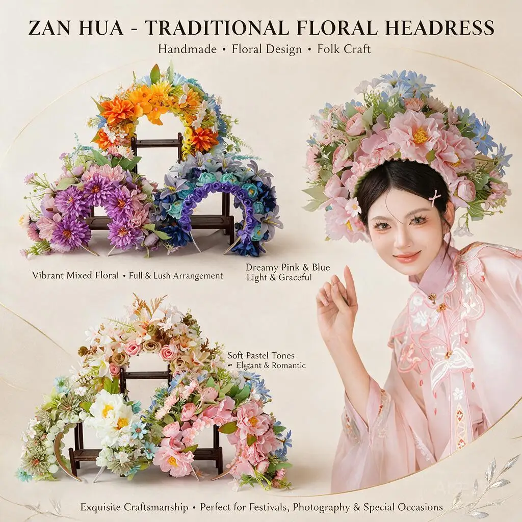 Flower Headband Artificial Floral Hair Hoop Traditional Chinese Hanfu Hair Accessory For Photo Shoots Cosplay Events 5 Colors