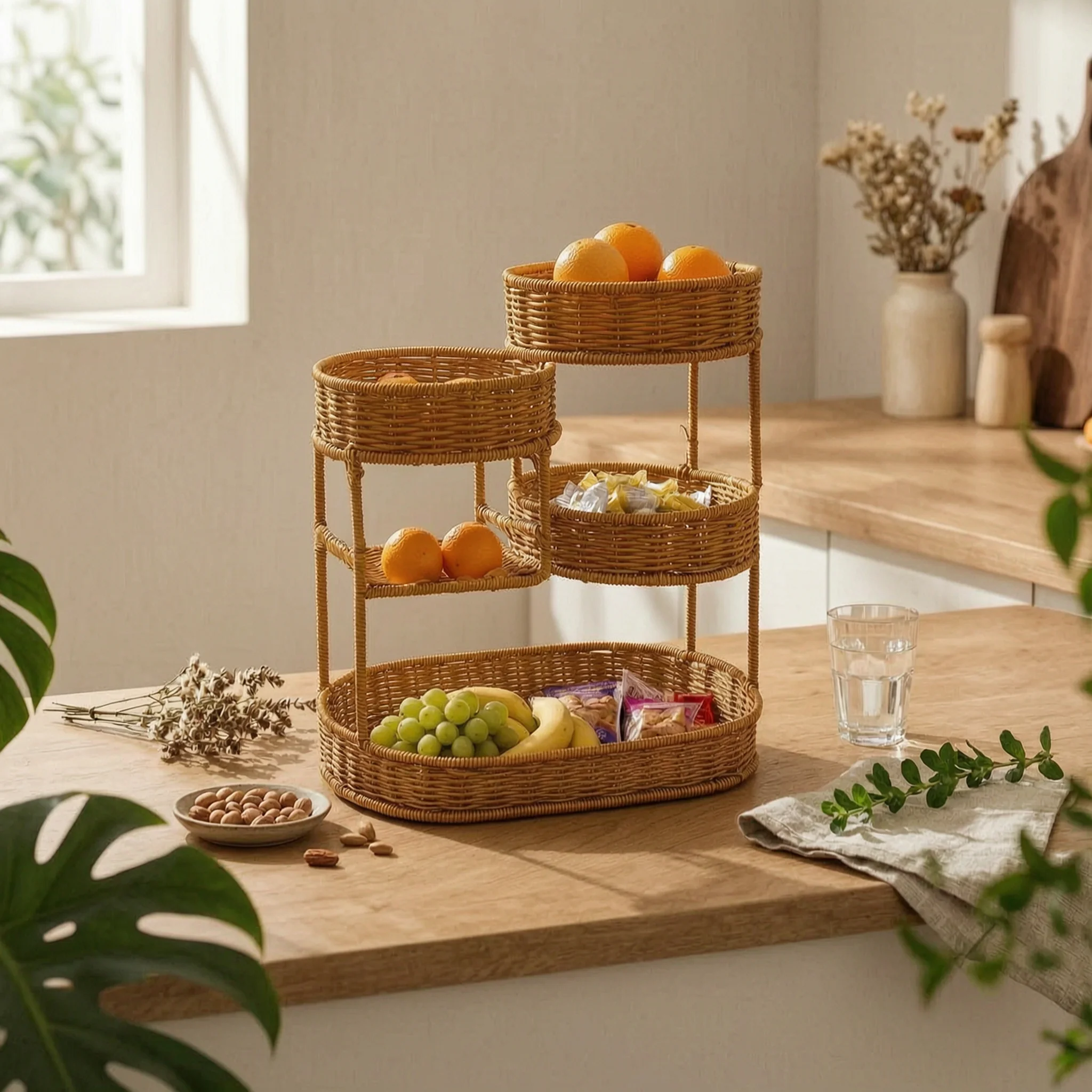Multi-Level Fruit Rack Wavy-Edged Woven Fruit Basket Woven Display Shelf Exposed Compartments Household Storage Breathable