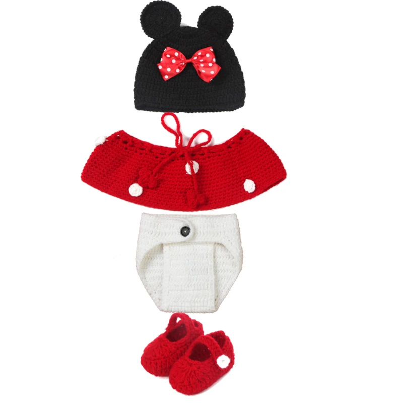 Vêtements de photographie de nouveau-né mignons, chapeau au crochet fait main de dessin animé, couvre-couche, jupes et ensemble de chaussures, accessoires photo de prise de vue polyvalents pour bébé