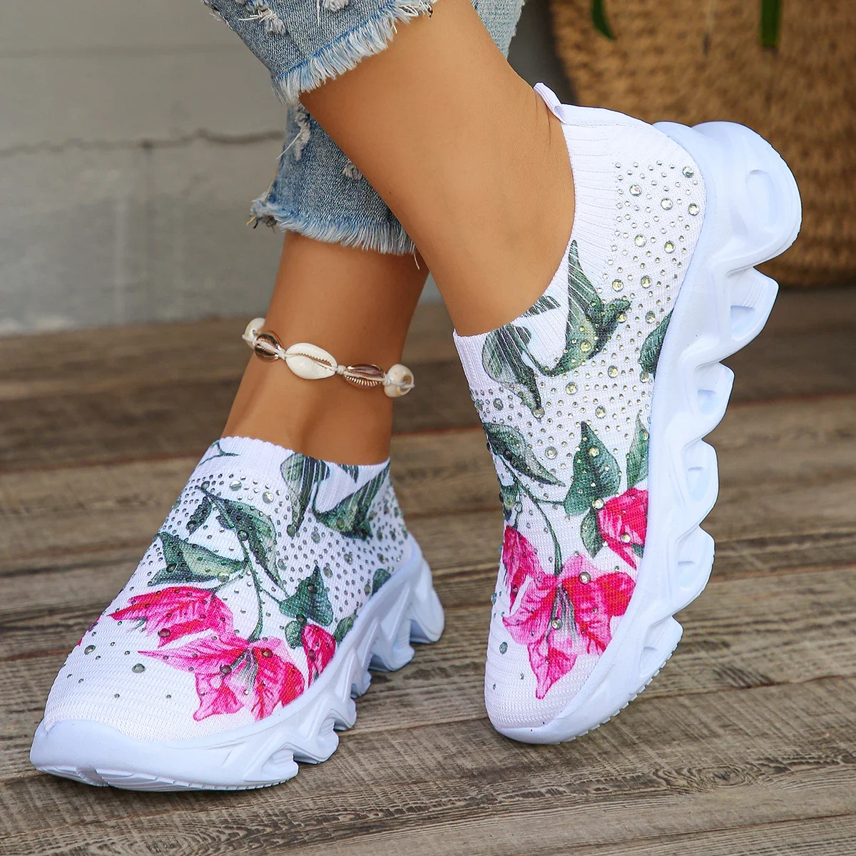 Plus Size Fashion Printed Platform Sneakers Women Knit Breathable Mesh Running Shoes Woman Summer Non Slip Casual Sports Shoes