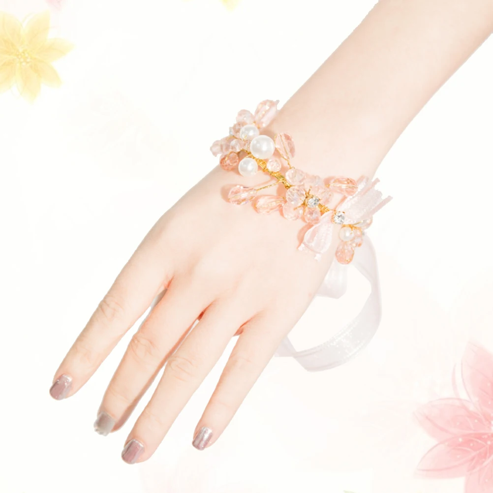

Bridal Pink Crystal Hand Flower Bowknot Yarn Ribbon Wedding Wrist Flower Decorative Beaded Bracelet Bridesmaid Wristband Elegant