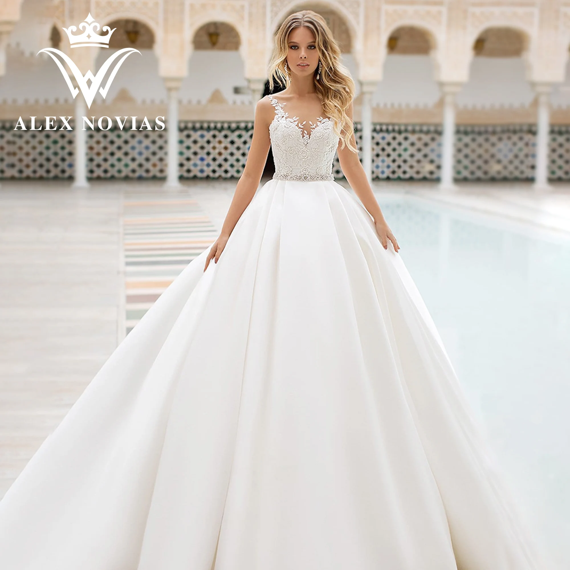 

ALEX NOVIAS A-Line Satin Wedding Dress 2023 Sweetheart Embroidery Sleeveless Court Train Wedding Gown Vestidos Novias De Saten