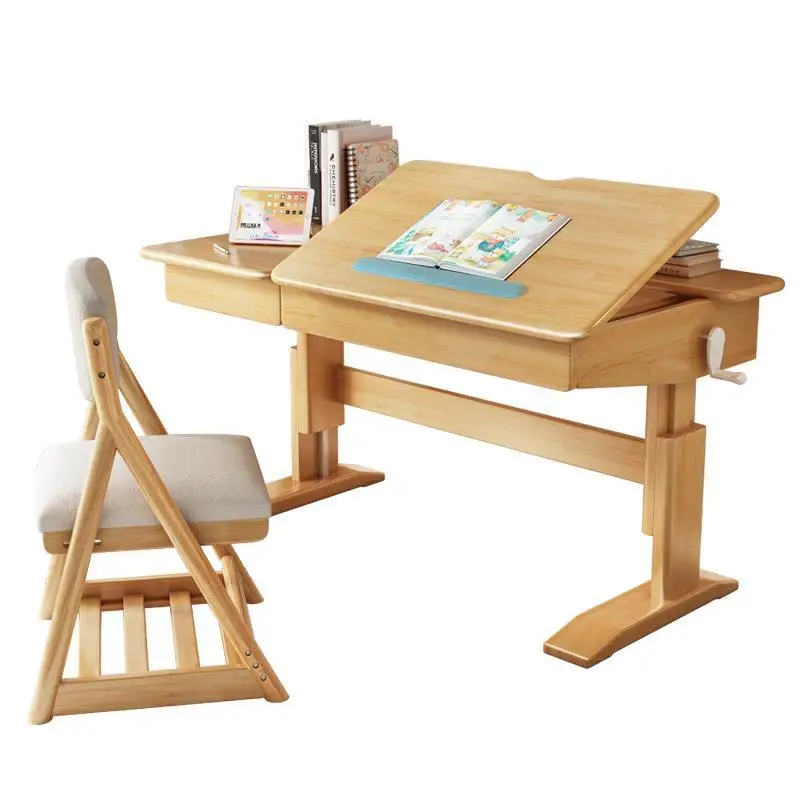 Ergonomic Primary School Student Lift Desk Solid Wood Study Table Adjustable Height Chair Stylish Wood
