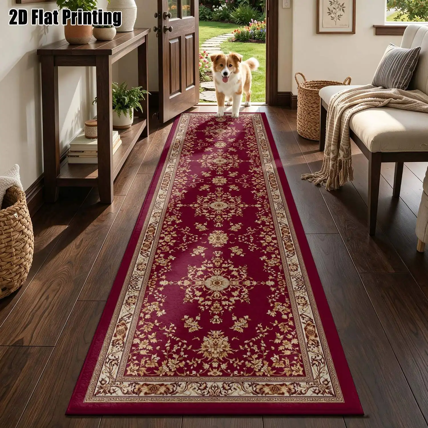 1Pc 2D Printed Long Strip Rug: Burgundy & Gold Floral, Vintage, Geometric Floral European-Style Rug, Home Decor, Multi-Size, Machine Washable, for Hallway, Entrance, Living Room, Bedroom