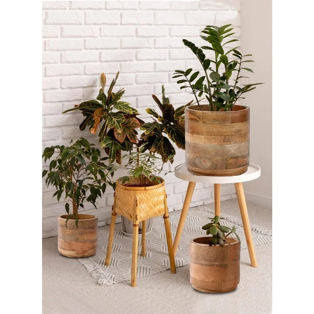 Set Cachepot kayu mangga, dengan tinggi 4, 9 inci Diameter & 8.5 inci, cocok untuk tanaman dalam ruangan dalam pot