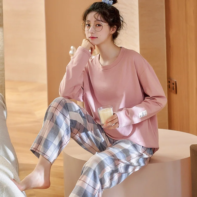 

Spring Autunm Two Piece Set Women Cotton Homewear Female Loose Casual Sleepwear Lady Long Sleeve Pajamas Nightwear