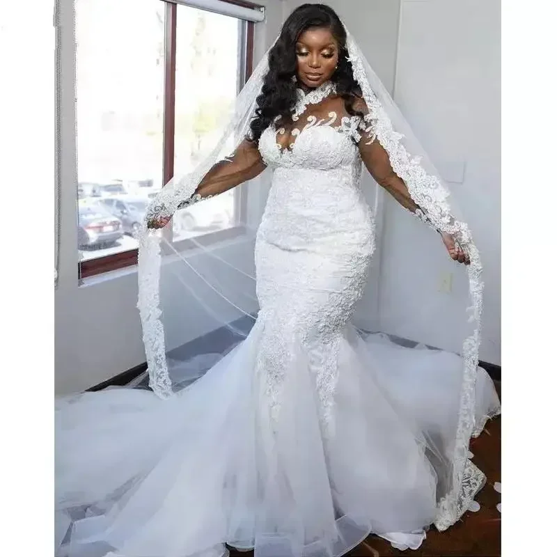 Customized Modest High Neck Lace Mermaid Wedding Dresses Chapel Train Vestidos De Novia 2023 Full Sleeves Bridal Gowns