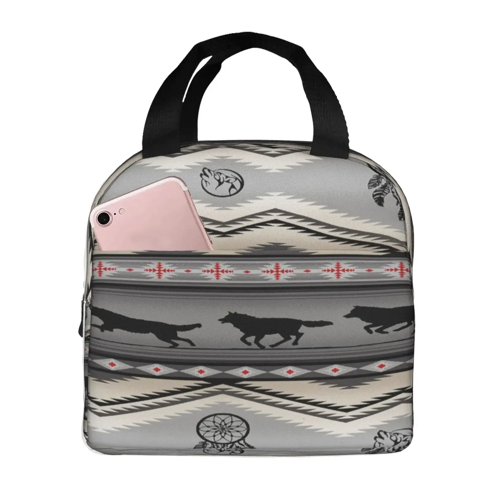 Aztec Wolf Pattern Print Lunch Bag for Girls Funny Lunch Box Fun Picnic Cooler Bag Portable Zipper Oxford Thermal Lunch Bags