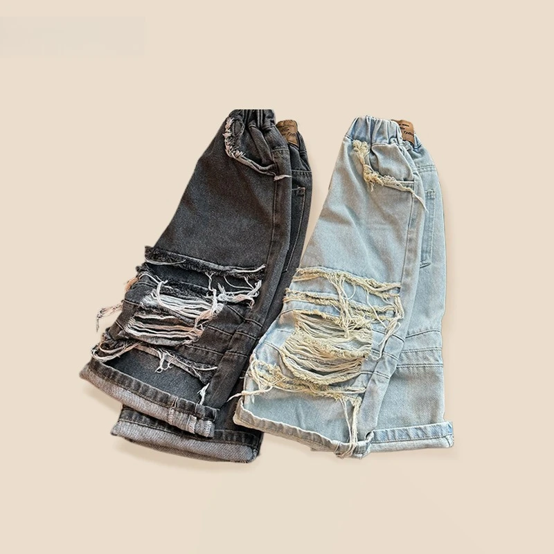 Boys Korean Fashion Ripped Jeans 2025 New Autumn Casual Pants Cool & Stylish All-match Kids Denim Trousers Spring Wear