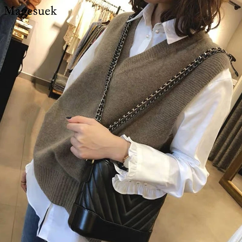 

New V-Neck Vintage Pullover Sweater Vest Women Autumn Winter Knitted Sweater Vest Sleeveless Warm Sweater Casual Oversize 12229