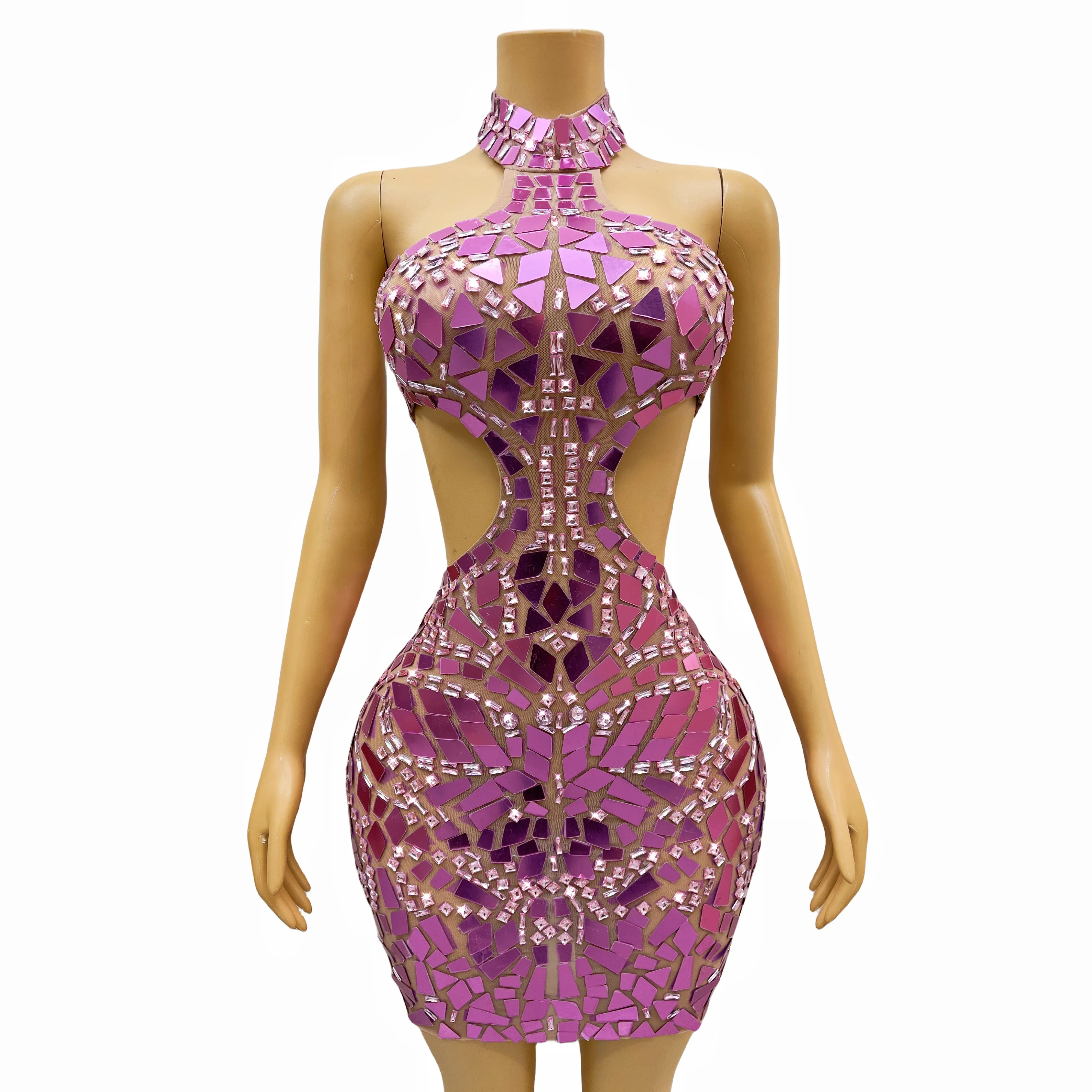 Fenshuang-vestido sem mangas com strass rosa para mulheres, vestido sexy para dança, palco, aniversário, traje, roupa de festa