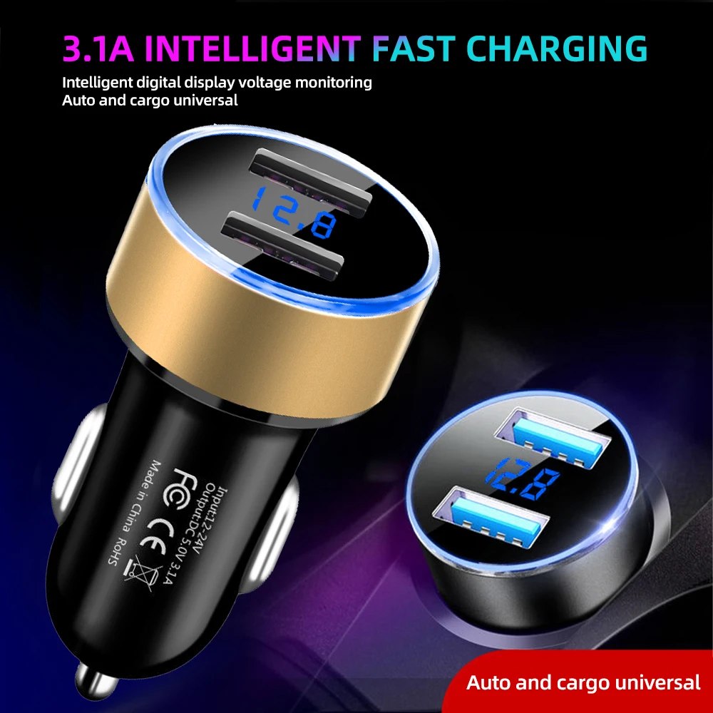 3.1A Dual Usb Car Charger 2 Ports Lcd Display 12V Car Cigarette Lighter Power Adapter Socket Car Phone Charger for iPhone Xiaomi