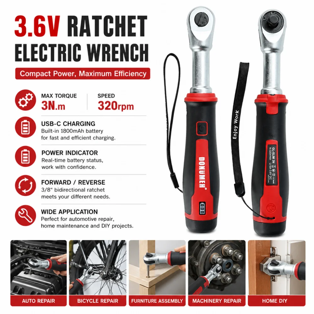 3.6V Ratchet Electric Wrench, 320 rpm, 1/4“ and 3/8” Auto/Manual Rechargeable Wrench, Automotive Repair Tool, Type-C Port