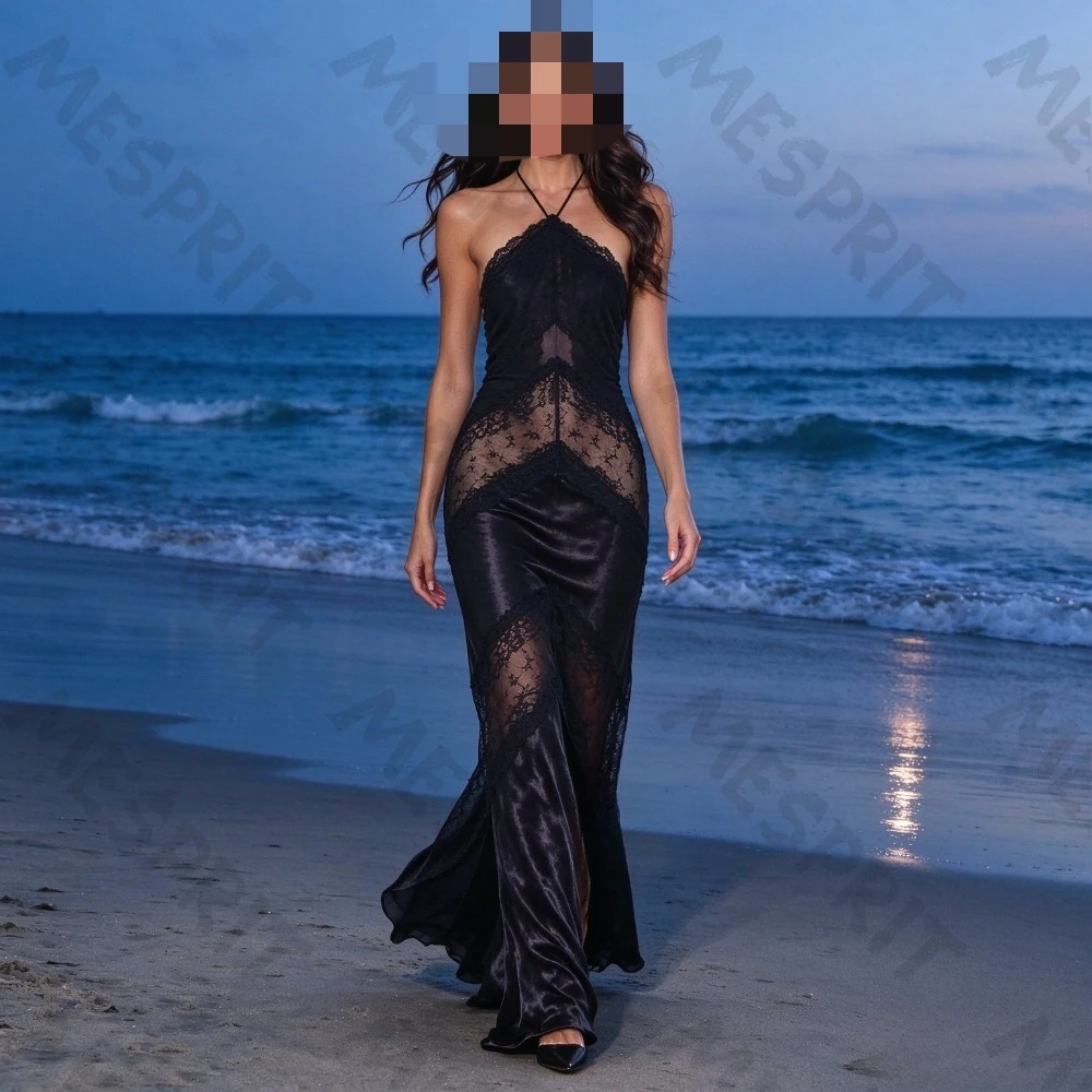 Customized Sexy Hanging Neck Mermaid Evening Gowns Sleeveless Backless Lace Satin Patchwork with Slit and Floor Party Dresses