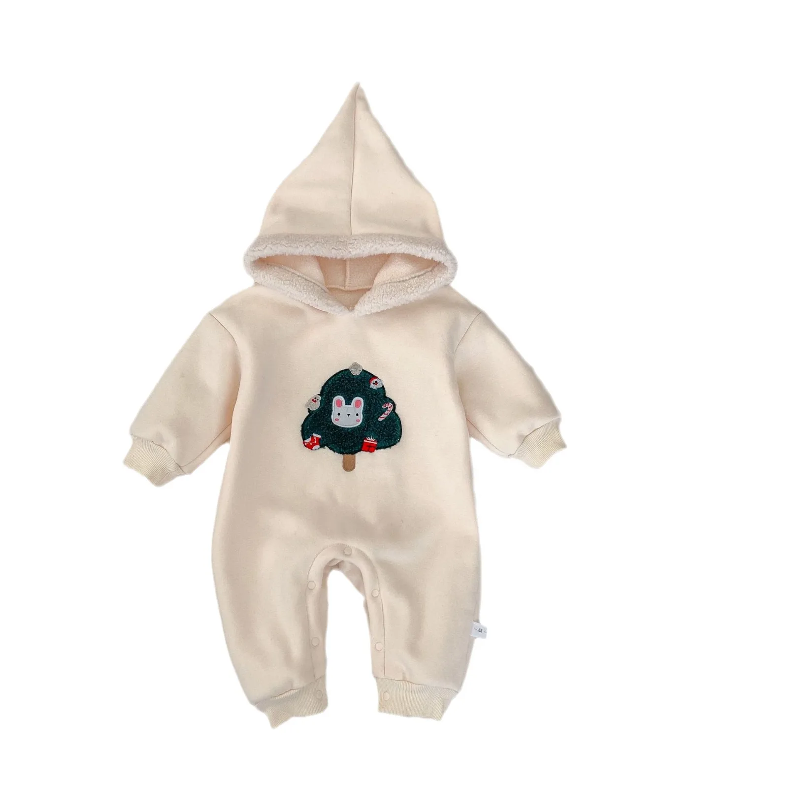 INS New Winter Baby Girls Christmas Jumpsuit Cute Rabbit Embroidered Velvet Hooded Christmas Tree Infant Girls Bodysuit