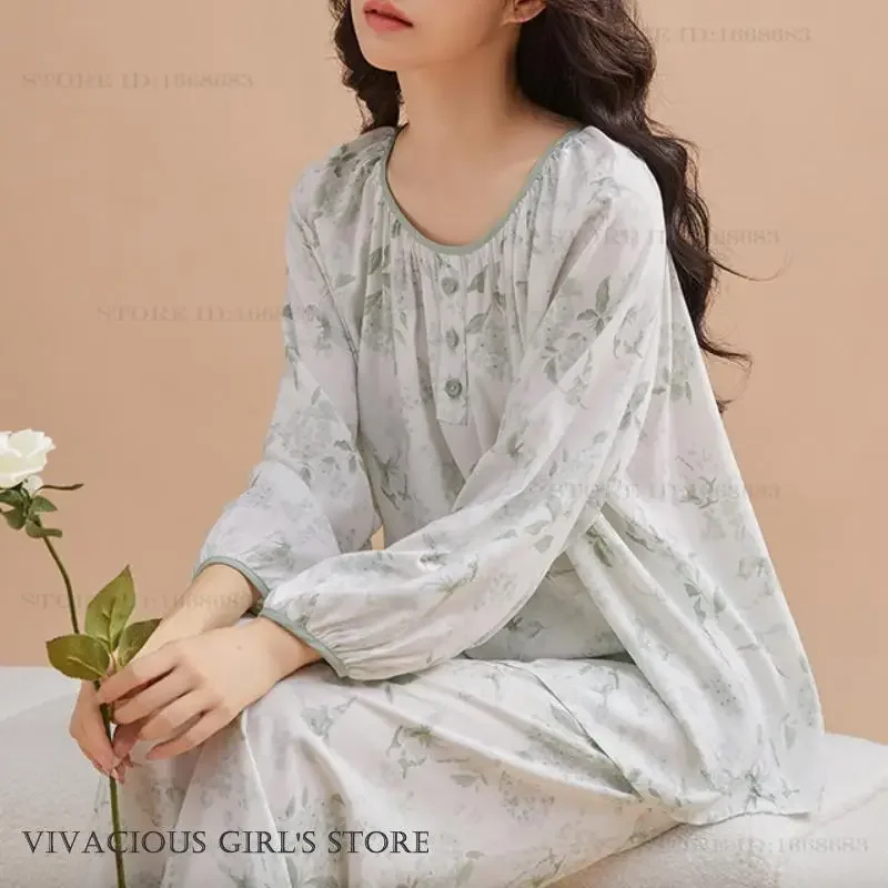 

Spring Autumn New Womens Sleepwear Long Sleeve Pajamas Set Comfortable Viscose Print Flower Trouser Pijamas Suit Loose Homewear