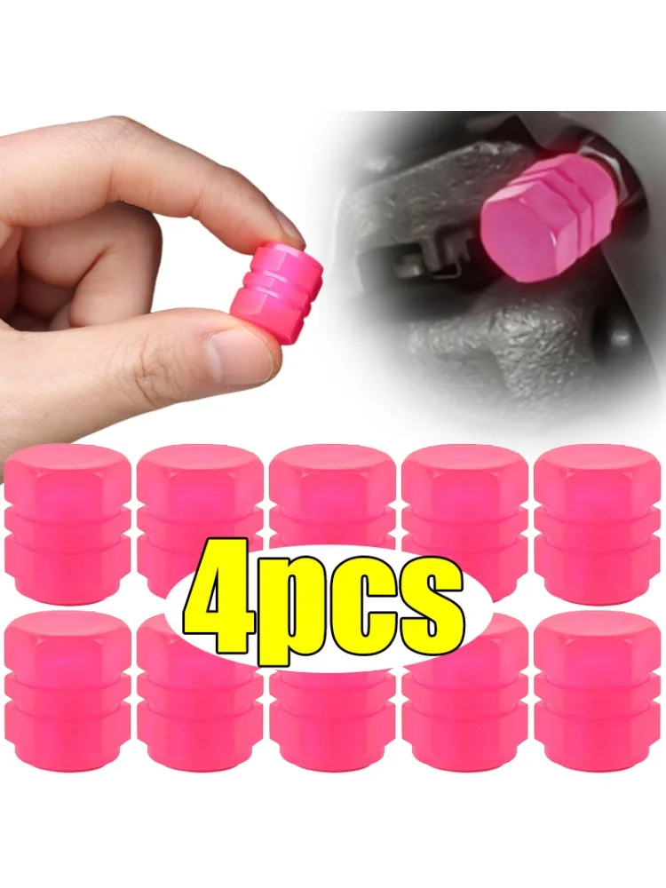 1-4 pièces Capuchons de valve de pneu lumineux roses pour voiture, moto, moyeu de roue, couvercle de valve lumineux, décoration de pneu, accessoires de style automobile