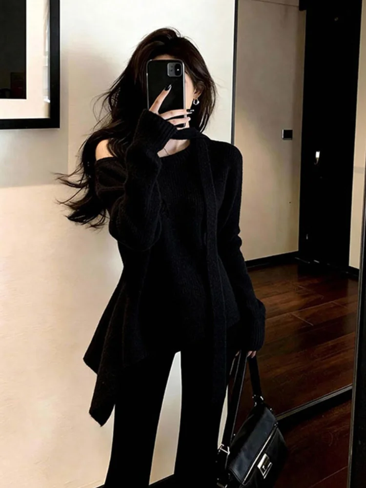 

Laid-ba Sle Bla Off-oulder Long Sve Knitted Sweater Women's Faionable Versatile Winter New Arrival Top