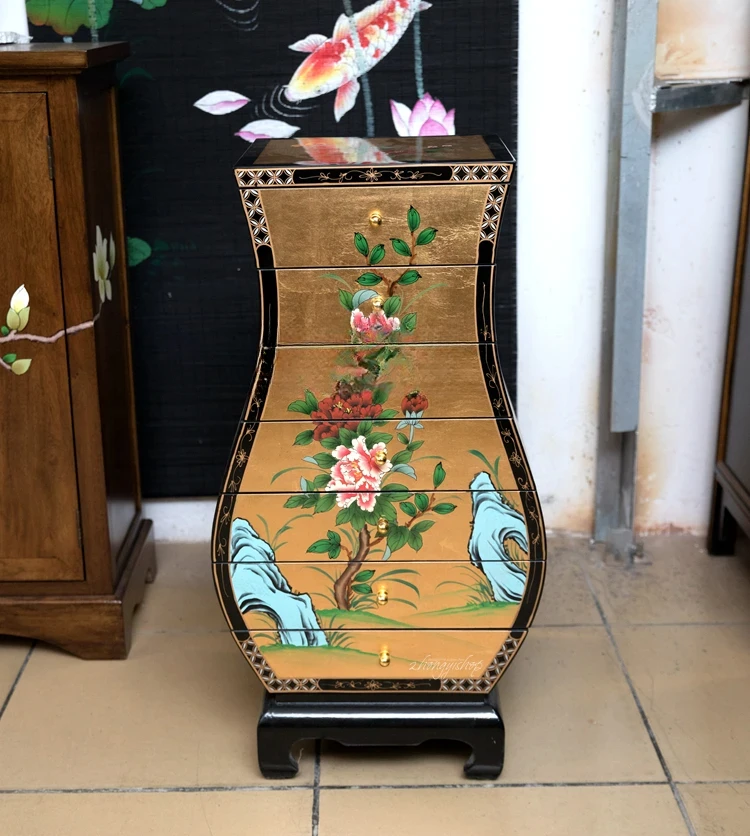 Y1 Gold foil hand-painted vase cabinet porch table storage cabinet water lotus seven-drawer jewelry cabinet