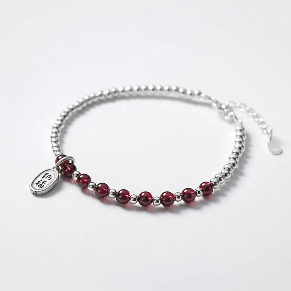 

Real 925 Sterling Silver 3mm Beads With 4mm Garnet Beads Bracelet 7.48" Length