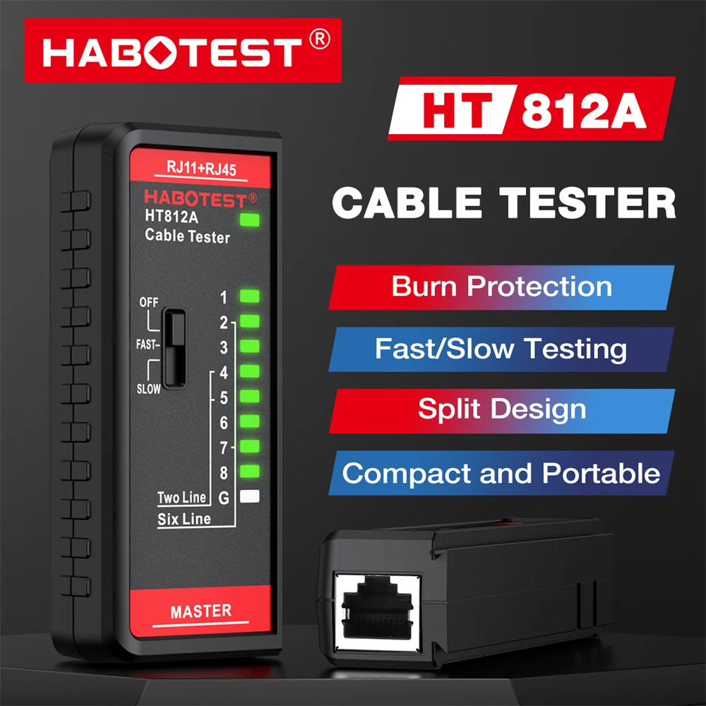 HABOTEST HT812A Cable Tester Network Telephone Cable 8P 6P 4P 2P & Shielded Line Continuity Ethernet Cable Tester RJ11 RJ45 Port view 2