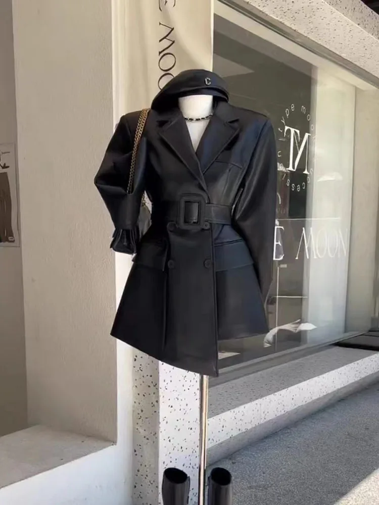 Brown Fashion Temperament Retro Stylish Leather Jacket Women Long Sleeve Autumn Fashion Slim Fit Female Blazer Coat