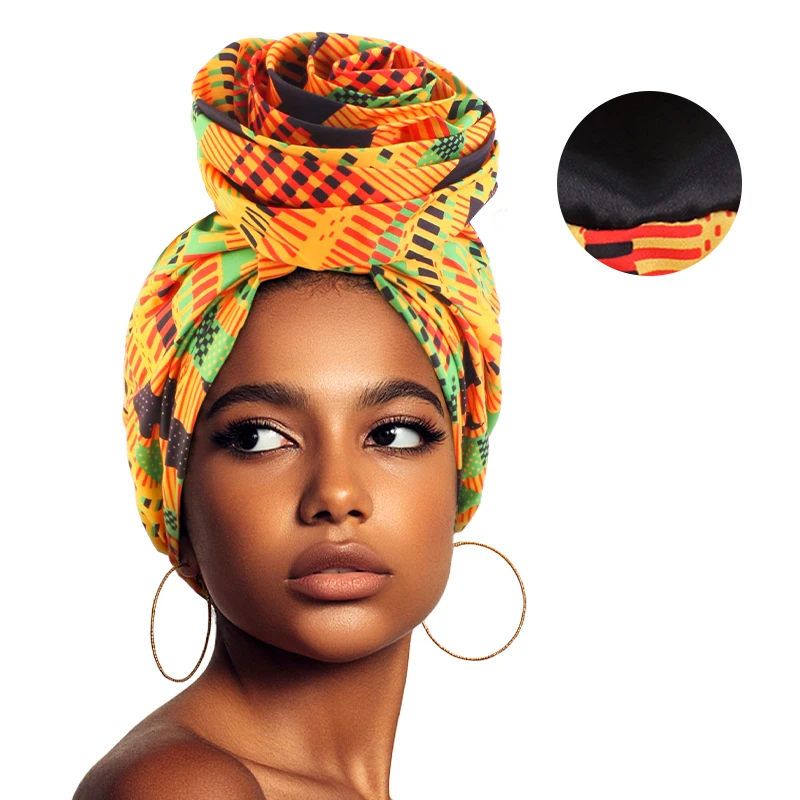 New Women African Print Stretch Bandana Head Wrap Satin Floral Ankara Dashiki Wedding Party Cap Beanie Muslim Hijab Bonnet