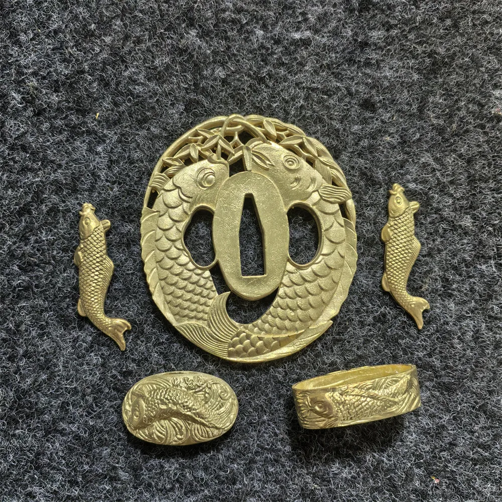Copper Brass A Set Fish Tsuba Fuchi Kashira Menuki Fittings For Japanese Samurai Katana Wakizashi Sword Accessory - view 3