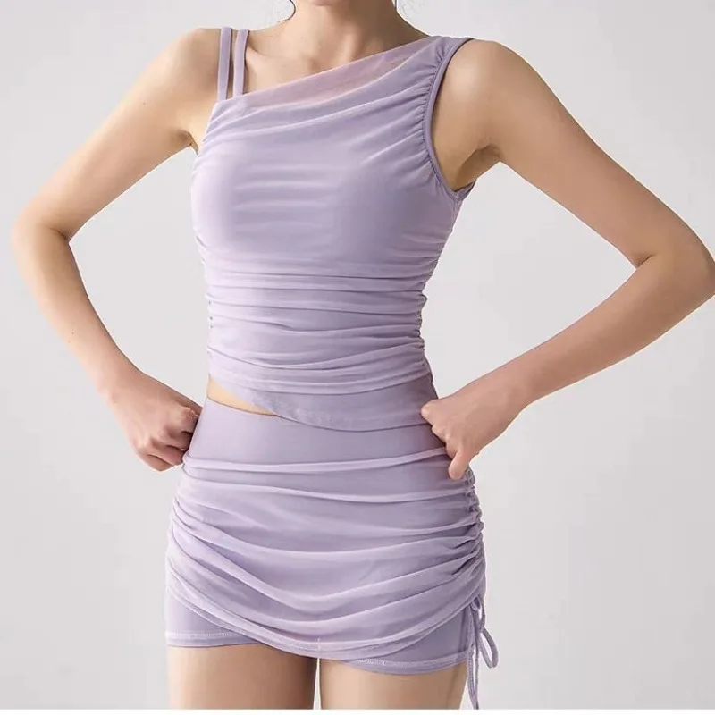 

2026 New Irregular Mesh Sports Tank Top Women Solid Color Slim Outfit Drawstring Ruched Fitness Casual 2 Piece Tracksuit